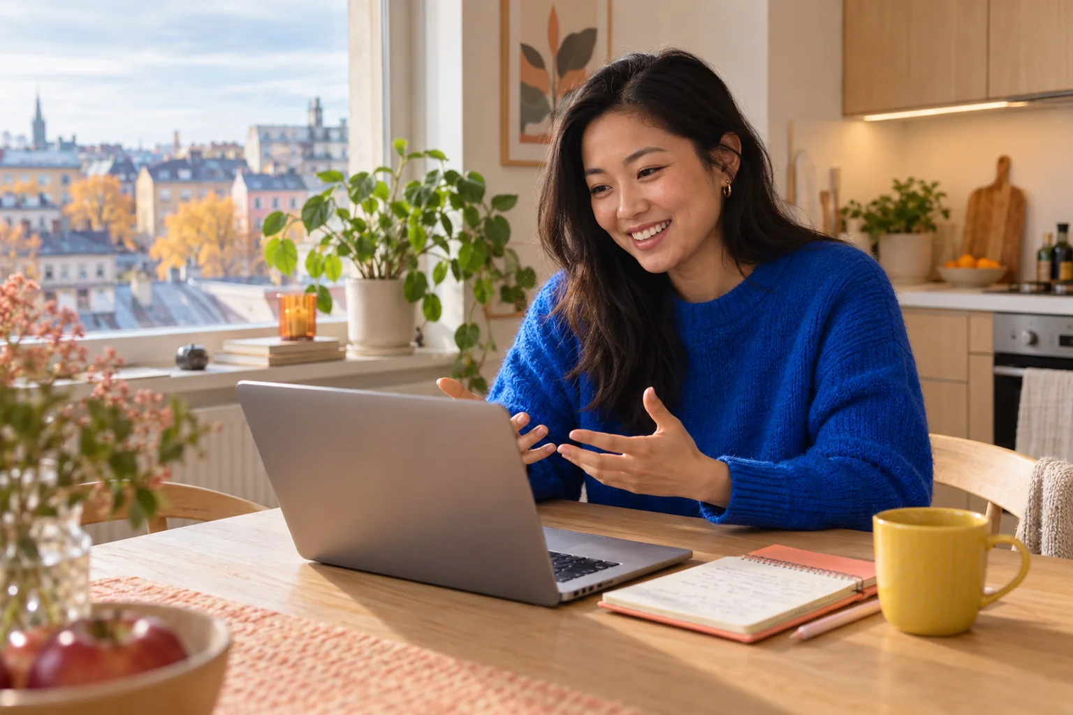 Tekoälykuvitus: opiskelija harjoittelee suomea kannettavalla tietokoneella kotona. / AI illustration: a learner practising Finnish on a laptop at home.