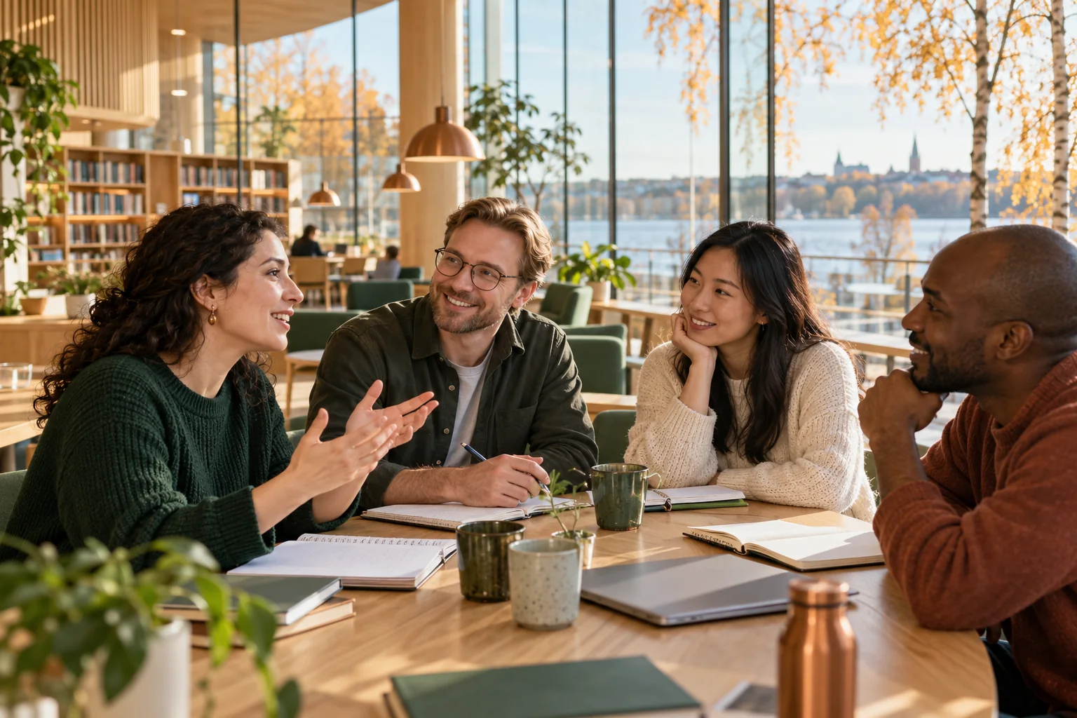 Kuvitus: aikuiset opiskelijat keskustelevat valoisassa suomalaisessa kirjastossa. / Illustration: adult learners talking in a bright Finnish library.
